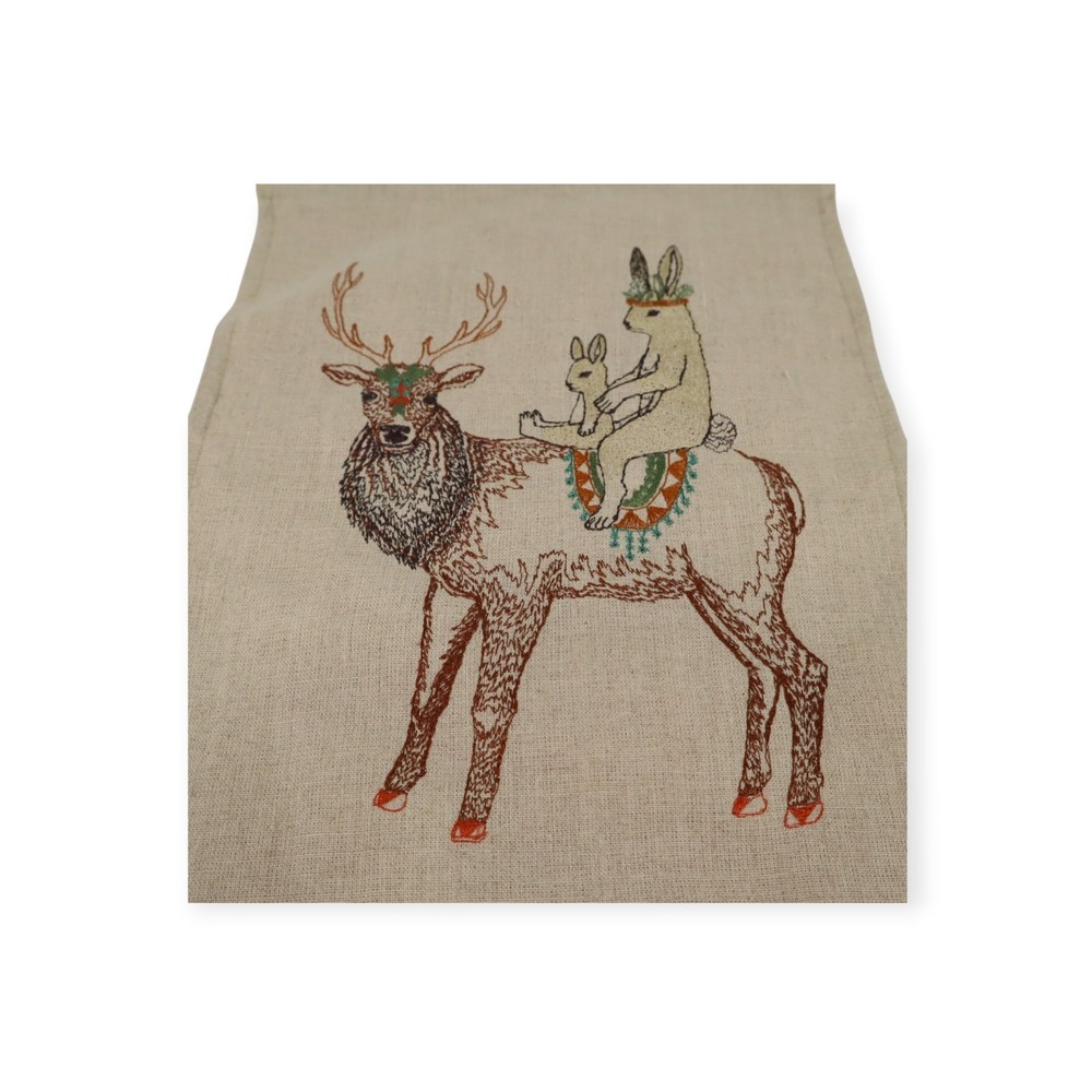 Coral & Tusk Embroidered Rabbits Riding A Deer Wall Hanging ~9x12" - Picture 2 of 6